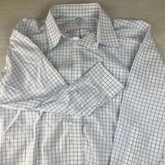 Brooks Brothers Regent Mens Size 17.5 32/33 White Purple Plaid Non Iron - Picture 1 of 11